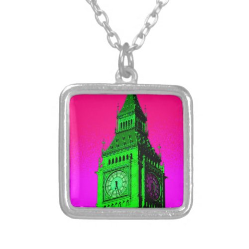 Pop Art Big Ben London Travel Pink Green Silver Plated Necklace