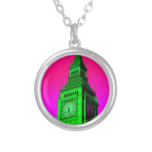 Pop Art Big Ben London Travel Pink Green Silver Plated Necklace