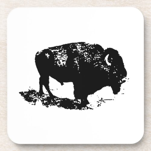 Pop Art Black White Buffalo Bison Silhouette Beverage Coaster