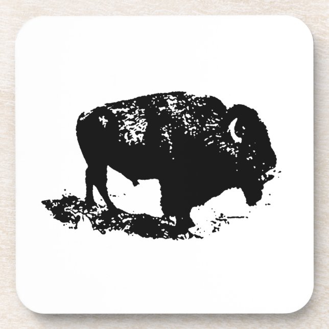 Pop Art Black White Buffalo Bison Silhouette Beverage Coaster (Front)