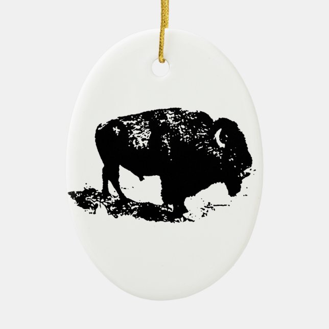 Pop Art Black White Buffalo Bison Silhouette Ceramic Ornament (Front)
