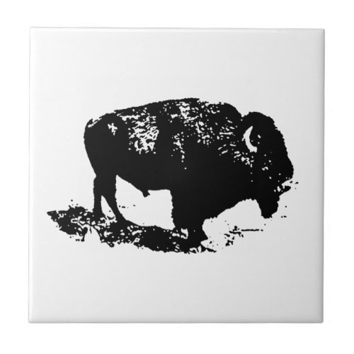 Pop Art Black White Buffalo Bison Silhouette Ceramic Tile