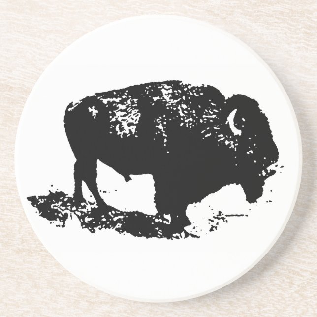 Pop Art Black White Buffalo Bison Silhouette Drink Coaster (Front)
