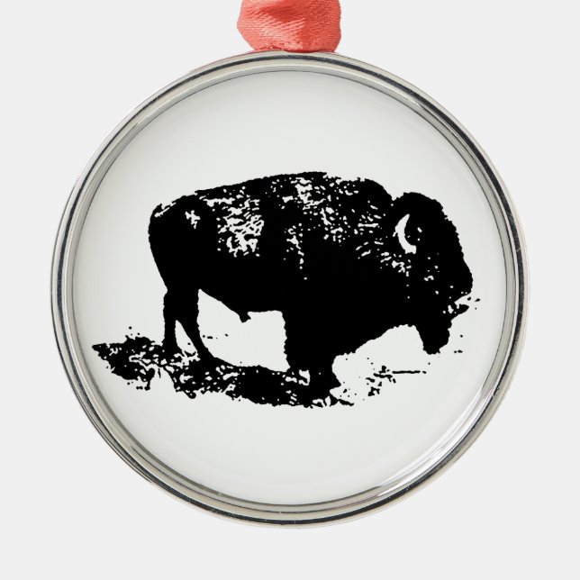Pop Art Black White Buffalo Bison Silhouette Metal Ornament (Front)