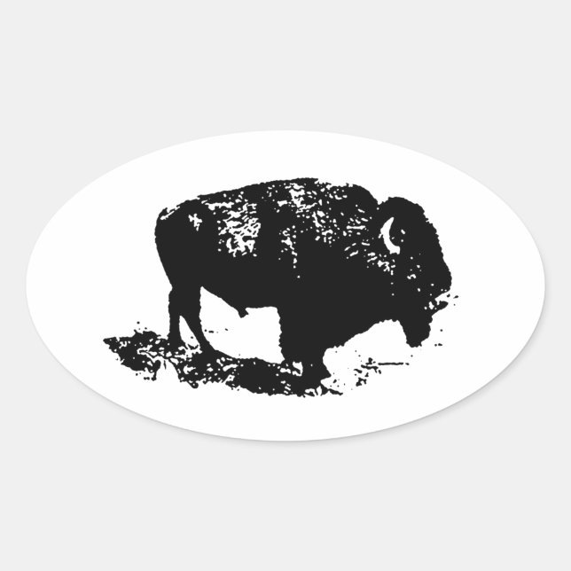 Pop Art Black White Buffalo Bison Silhouette Oval Sticker (Front)