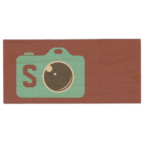 Pop Art Blue Camera Burgundy Monogram Wood Flash Drive