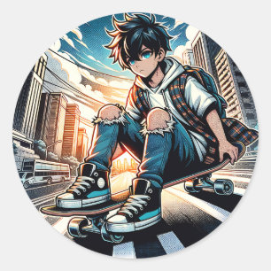 Pop Art Boy on Skateboard in City Classic Round Sticker