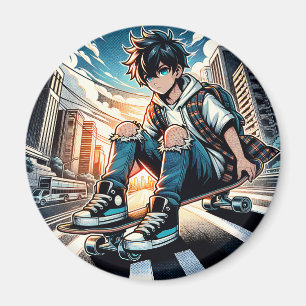 Pop Art Boy on Skateboard in City  Magnet