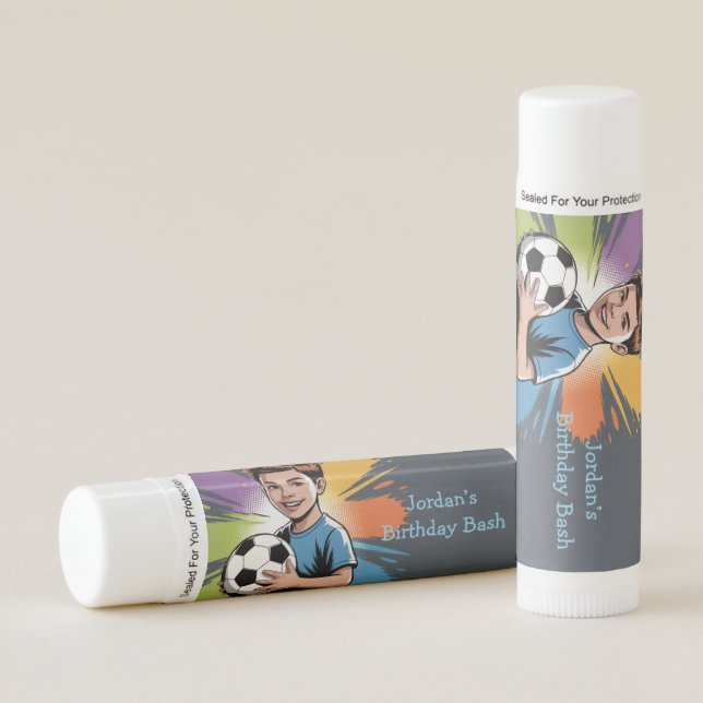 Pop Art Boys Soccer Birthday Bash Favor Lip Balm (Front)