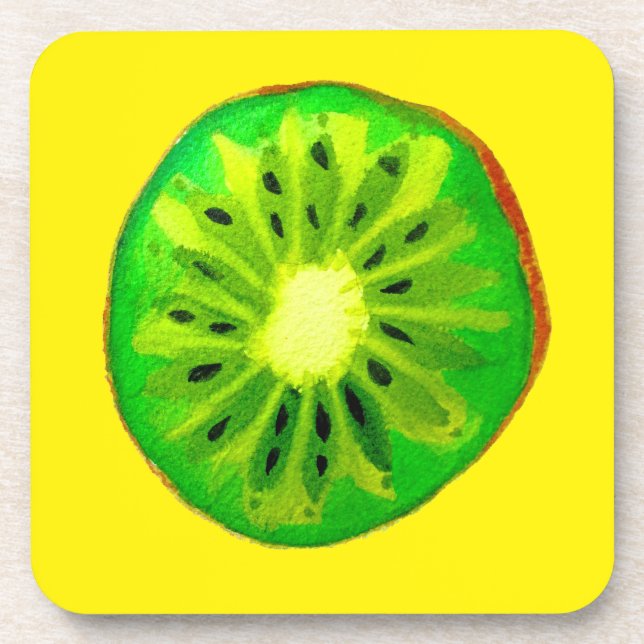 Pop art bright kiwi fruit original watercolour beverage coaster (Front)