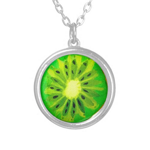 Pop art bright kiwi fruit original watercolour silver plated necklace