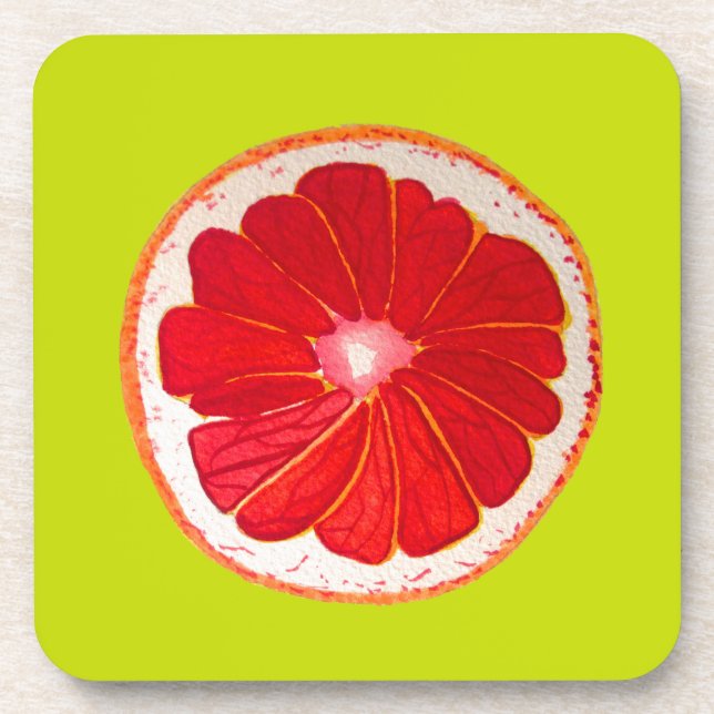 Pop art bright pink grapefruit watercolour beverage coaster (Front)