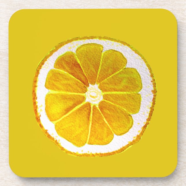 Pop art bright yellow lemon grapefruit watercolour beverage coaster (Front)