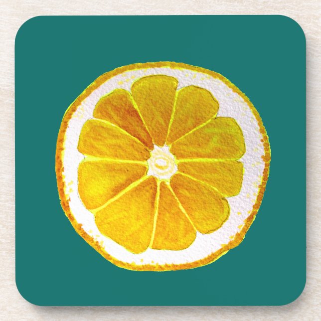 Pop art bright yellow lemon watercolour beverage coaster (Front)