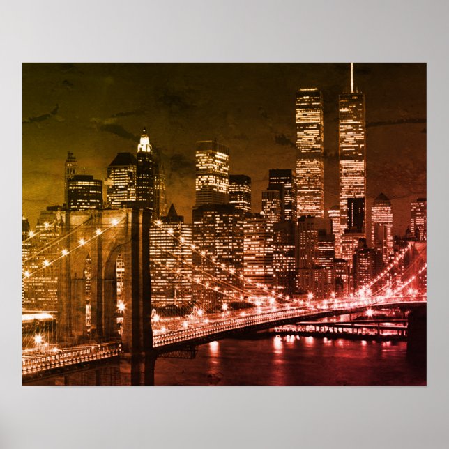 Pop Art Brooklyn Bridge New York Night Poster (Front)