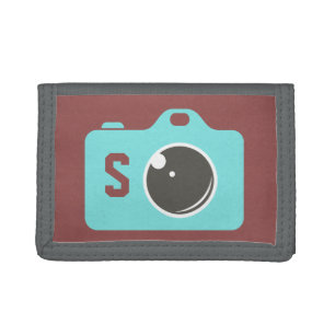 Pop Art Camera Blue and Burgundy Monogram Tri-fold Wallet