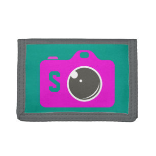 Pop Art Camera Pink and Green Monogram Tri-fold Wallet