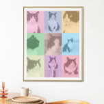 Pop Art Cat 9 Photo Modern Retro Color Block Poster<br><div class="desc">A custom pop art style 9 photo poster ready for you to upload your favorite photos of your cat or dog . An overlay of colorful transparent color blocks in pastel shades of pink,  blue,  yellow,  green and purple. Original art ©Marisu Valencia</div>