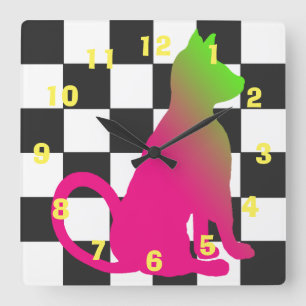 Pop Art Cat Checkerboard Brights CricketDiane Square Wall Clock
