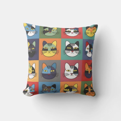 Pop Art Cat Faces Throw Pillow