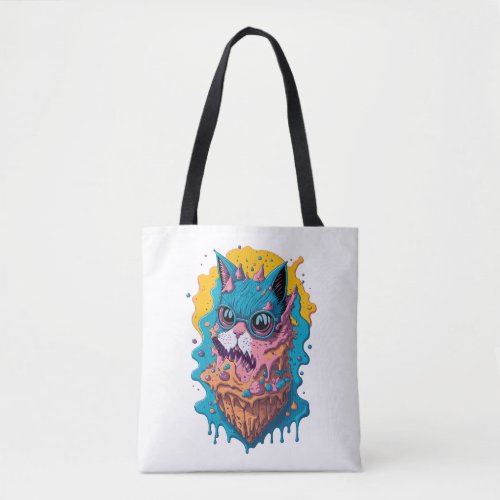 Pop art cat with sunglasses in melted ice cream tote bag
