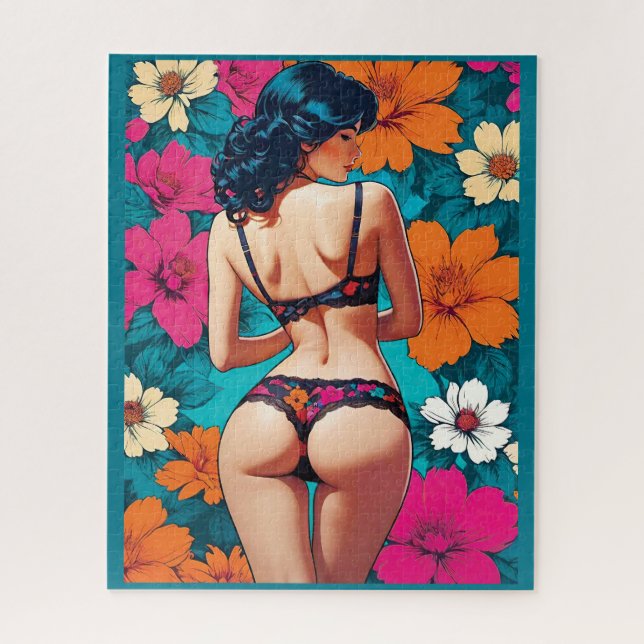 Pop Art Cheeky Girl in Floral Lingerie Teal Jigsaw Puzzle (Vertical)