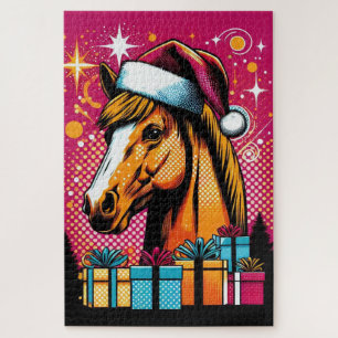 Pop Art Christmas Horse and Gifts Christmas Jigsaw Puzzle