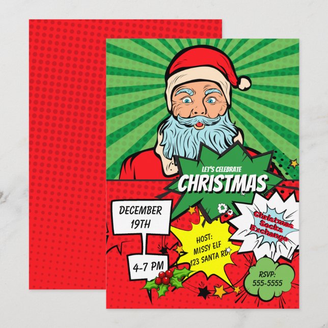 Pop Art Christmas Santa Party Comic Invitation (Front/Back)