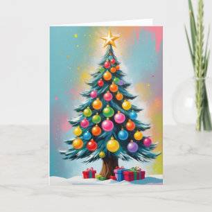 Pop Art Christmas Tree Cyan Pink Orange Yellow  Holiday Card
