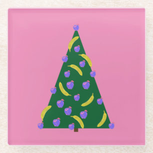 Pop Art Christmas Tree with Apples & Bananas Pink Glass Coaster
