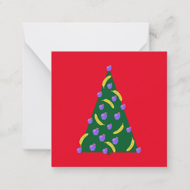 Pop Art Christmas Tree with Apples & Bananas Red Note Card (Front)
