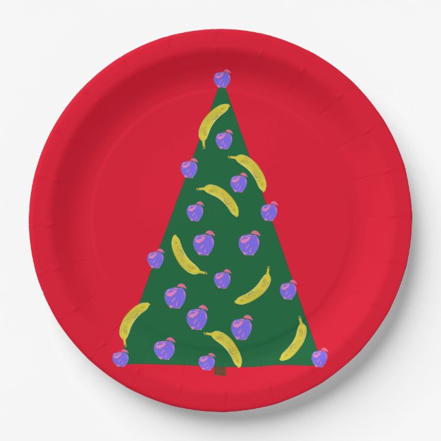 Pop Art Christmas Tree with Apples & Bananas Red Paper Plates (Front)