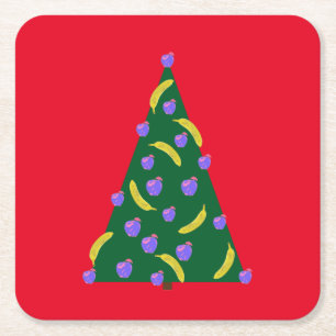 Pop Art Christmas Tree with Apples & Bananas Red Square Paper Coaster