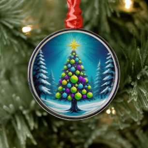 Pop Art Christmas with Neon Green Blue Purple Metal Ornament