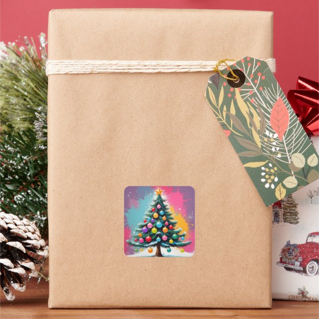 Pop Art Christmas with Splashes of Colors Square Sticker (Holiday)