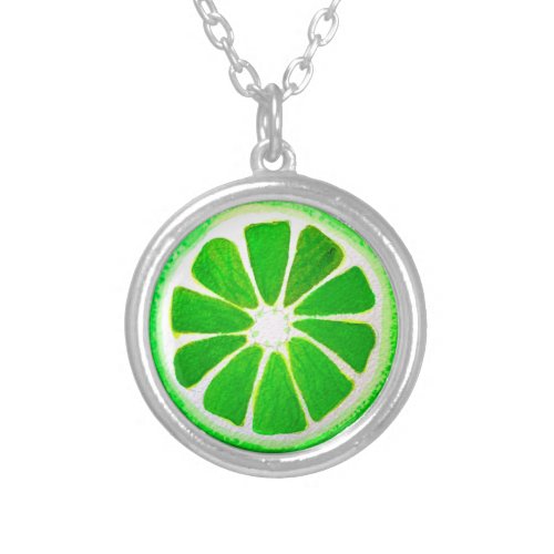 Pop art citrus lime fruit original watercolour silver plated necklace