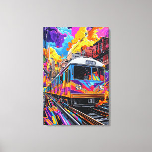 Pop Art City Train in Vibrant Motion Canvas Print