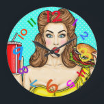 Pop Art Clock Girl Eating Hamburger Colorful<br><div class="desc">This is a cool clock retro and pop art combined with a cool girl with a burger in one hand and a drink in the other. The bright colors just add to the fun design of this clock!!! Great for kitchen of course but you might think of another place to...</div>