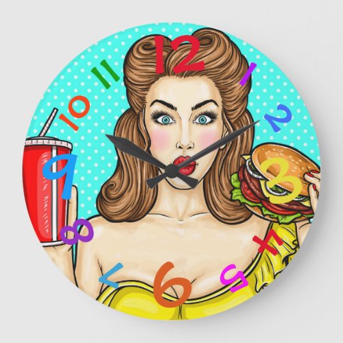 Pop Art Clock Girl Eating Hamburger Colorful