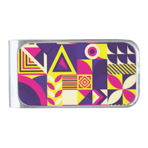Pop art, colorful geometric shapes. silver finish money clip