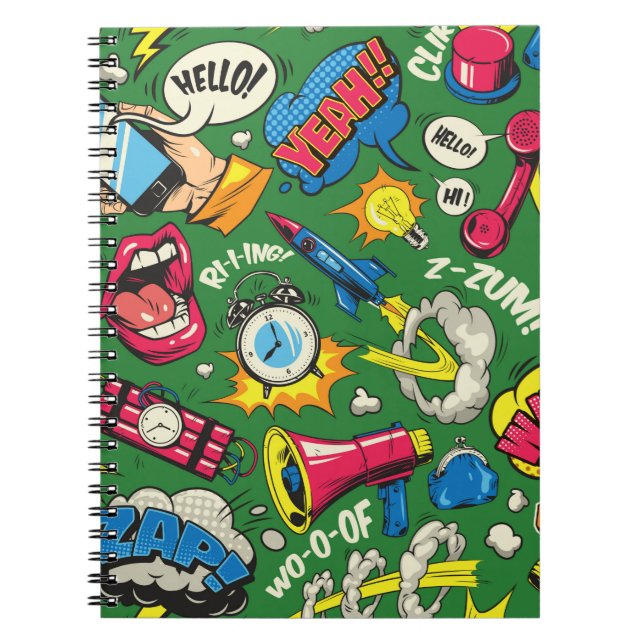 Pop art colorful seamless pattern with comic speec notebook (Front)
