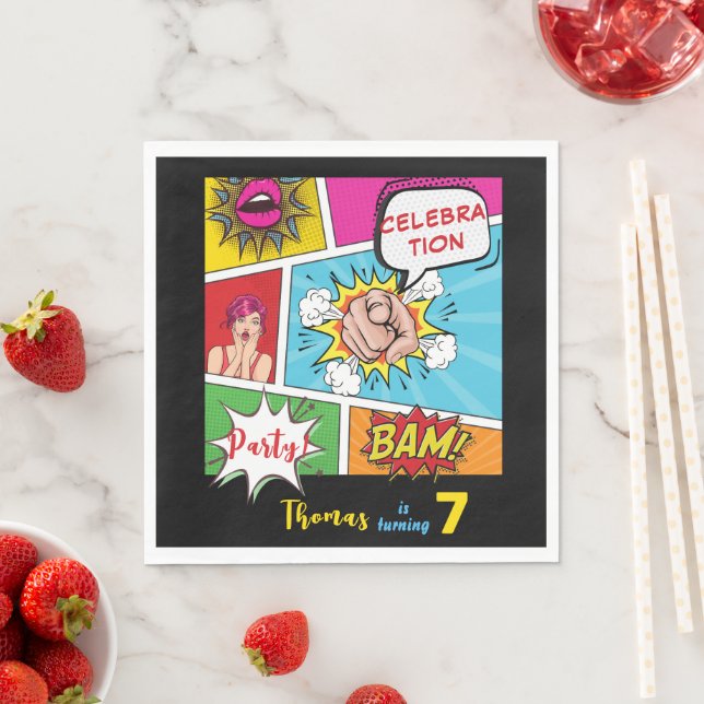 Pop art comic birthday napkins (Insitu)