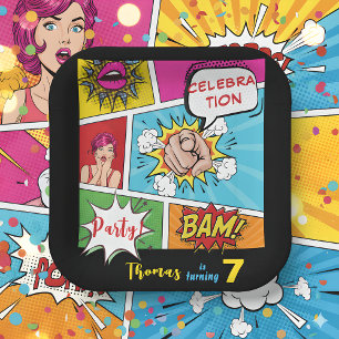 Pop art comic birthday paper plates