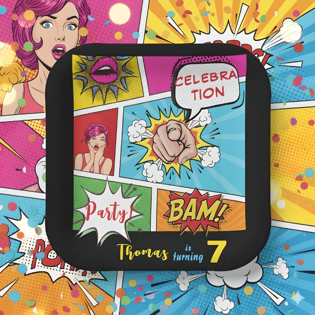 Pop art comic birthday paper plates (Creator Uploaded)