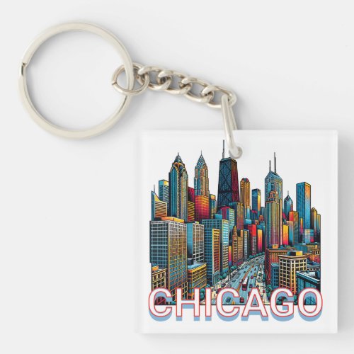 Pop art Comic Book Art Chicago Illinois Skyline Keychain