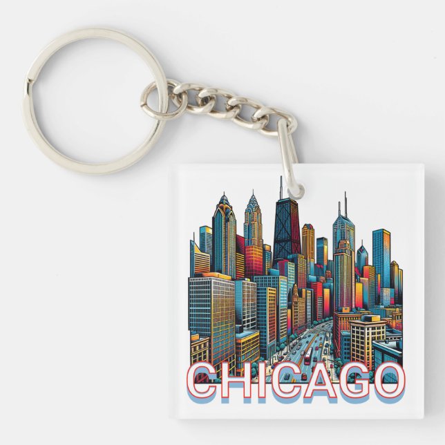 Pop art Comic Book Art Chicago Illinois Skyline Keychain (Front)