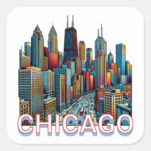 Pop art Comic Book Art Chicago Illinois Skyline Square Sticker