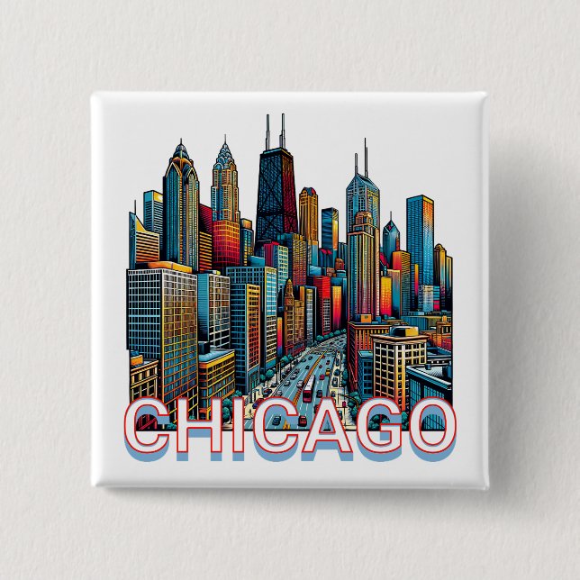 Pop art Comic Book Chicago, Illinois Skyline  Button (Front)