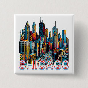 Pop art Comic Book Chicago, Illinois Skyline  Button