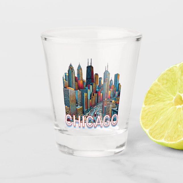 Pop art Comic Book Chicago, Illinois Skyline  Shot Glass (Front)